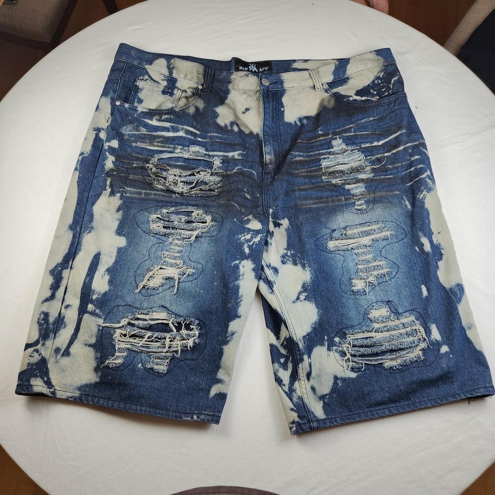 Red Ape Lion Dynasty Blue Denim Shorts Jorts Mens 48 Baggy Y2K Skater Bleach